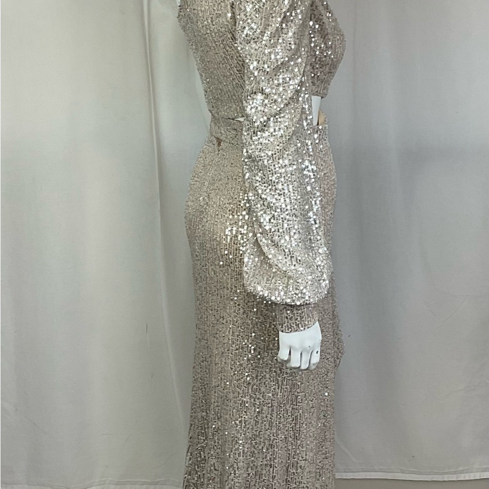 NEW Mac Duggal Ieena Silver Sequined One Shoulder Cut Out Gown Dress Size 2 - Picture 5 of 12
